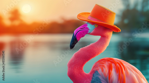  Flamingo vestindo um colete em tons de rosa e roxo, combinado com um chapéu laranja photo