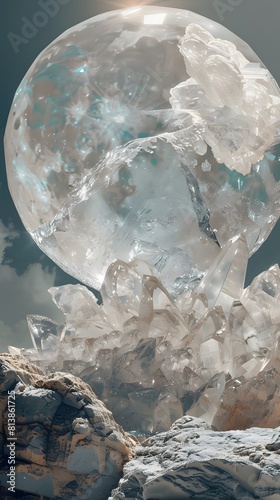 Translucent crystal orb on a rocky terrain