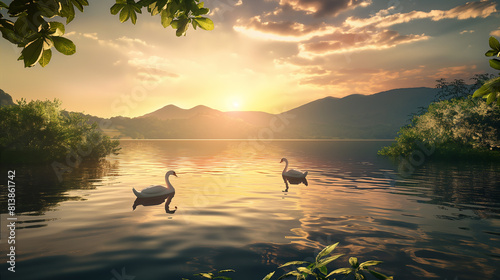 lago sereno ao pôr do sol, com cisnes, vegetação exuberante e montanhas ao fundo, transmitindo serenidade e beleza natural. photo