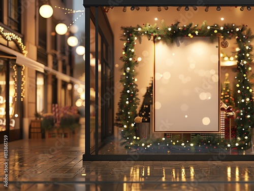 Blank holiday poster mockup on a department store window, with festive decorations and bright lights, perfect for seasonal promotions.