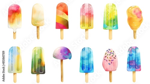 Assortment of Vibrant and Colorful Popsicles with Gradient and Abstract Patterns © Rudsaphon