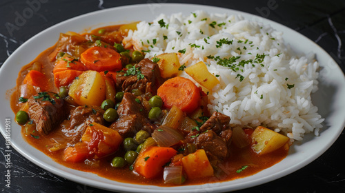 Savory peruvian beef stew accompanied by white rice, carrots, peas, and potatoes, topped with parsley on a dark backdrop
