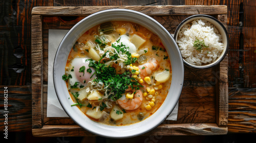 Authentic peruvian shrimp chowder with corn, cheese, potato, rice and cilantro, served in a rustic wooden setting, epitomizing local cuisine photo