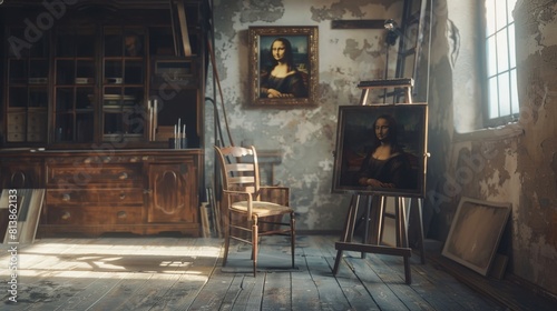 The Famous Mona Lisa resting on an easel stand in an old art workshop. A recreation of Leonardo Da Vinci's creative space. Renaissance aesthetics: An empty shot with no people presenting the famous
