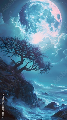 Enchanted tree under a mystical moon