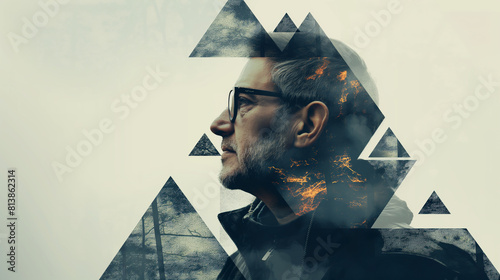 Portrait of a man with glasses with a double exposure effect with glitch technique. photo