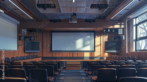 Blank science conference poster mockup in a university lecture hall, with projectors and sample displays, suitable for academic gatherings.