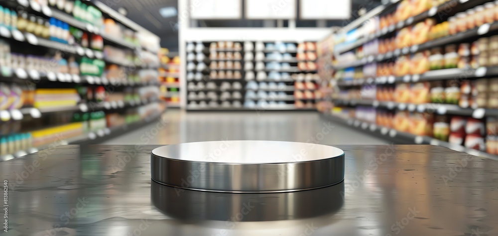 Blank stainless steel podium mockup at a busy supermarket aisle, with products neatly arranged around, perfect for everyday household items.
