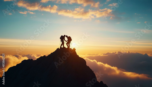 silhouette of climbers helping each other reach the top of mountain cloudy sky at sunset time
 photo