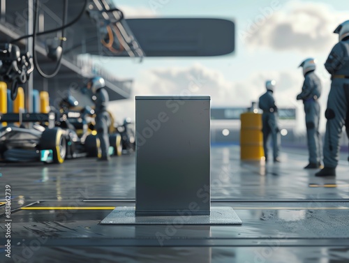 Blank steel podium mockup on a race track pit stop, surrounded by car engines and pit crews, perfect for automotive products.