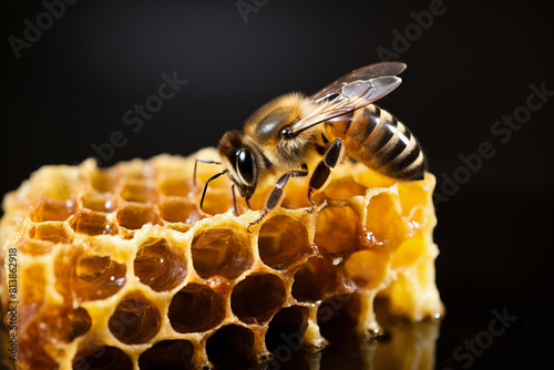 Bee flew to honeycomb and leaves there collected nectar, which turns into honey. Black background photo