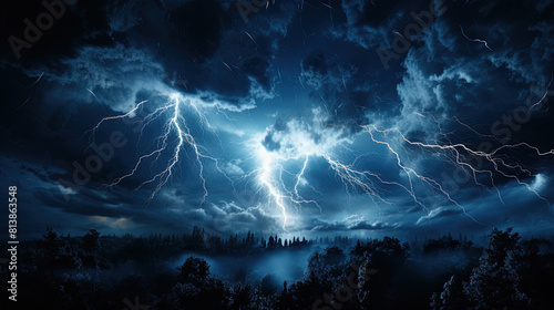Vibrant Lightning Rays Electrical Charge Thunder In Nights Cloudy Sky Cloudscape Background