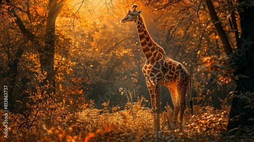 A giraffe in the forest at the morning sunrise photo