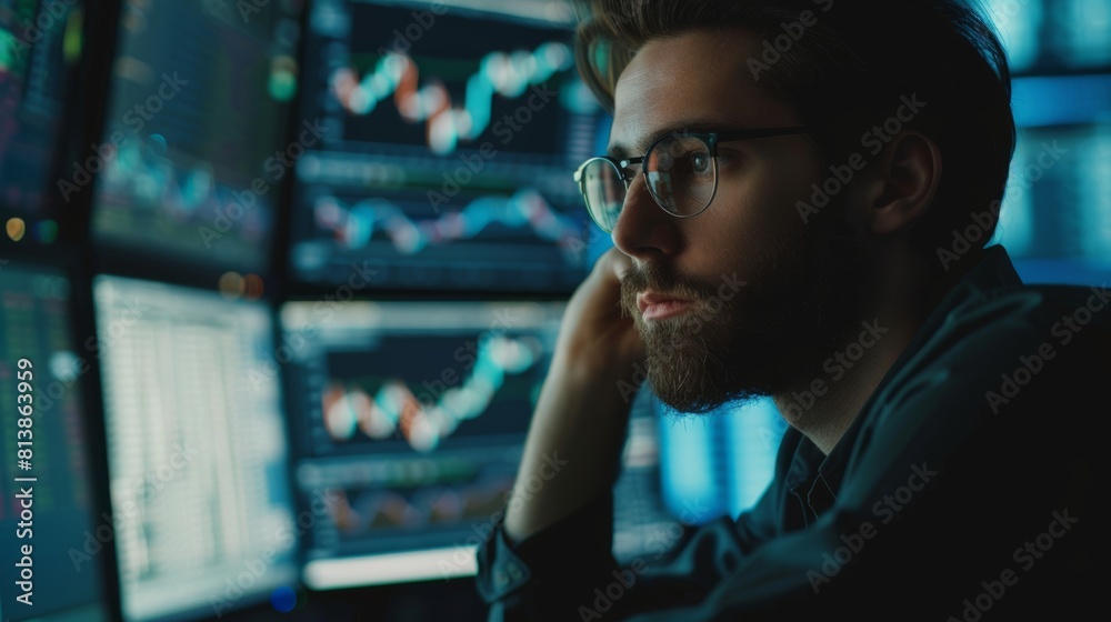 An attractive young stock exchange broker who is analyzing commodities and exchange market charts in front of a computer.