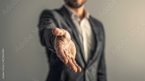 A professional businessman extends his arm in a welcoming gesture against a neutral gray backdrop, his posture open and friendly, conveying trust and inclusivity as he invites others to engage.