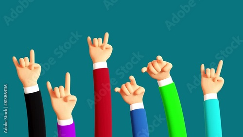 Heavy metal gesture 3d multicolored cartoon hands. Horns hand gesture. Looping animation with alpha channel. photo