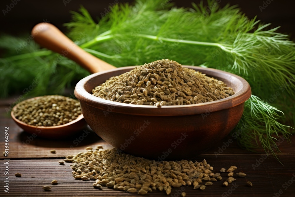 Bowl of fennel seeds with fresh dill and wooden scoop in the background, evoking culinary themes Bowl of fennel seeds with fresh dill and wooden scoop in the background, evoking culinary themes