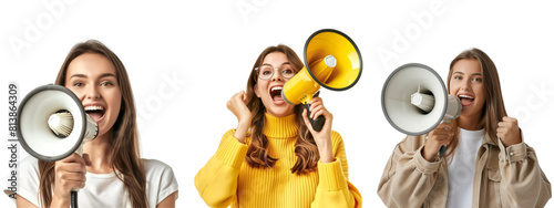Set of a woman with megaphone for communication or announce, banner marketing, isolate on transparent backgound