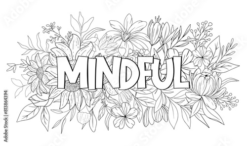 Anxiety relief coloring book page for adults with mindful botanical floral pattern. Hand drawn spring line art vector background. Relaxation coloring page with flower ornament and motivational quote.