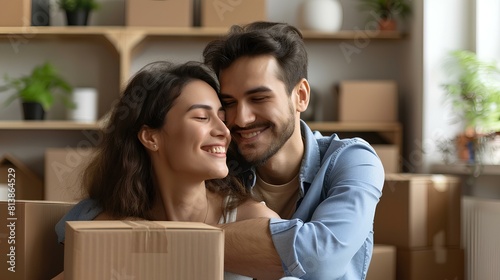 A proud young couple, surrounded by stacks of cardboard boxes, sharing a tender moment of celebration and triumph as they officially become homeowners for the first time.
