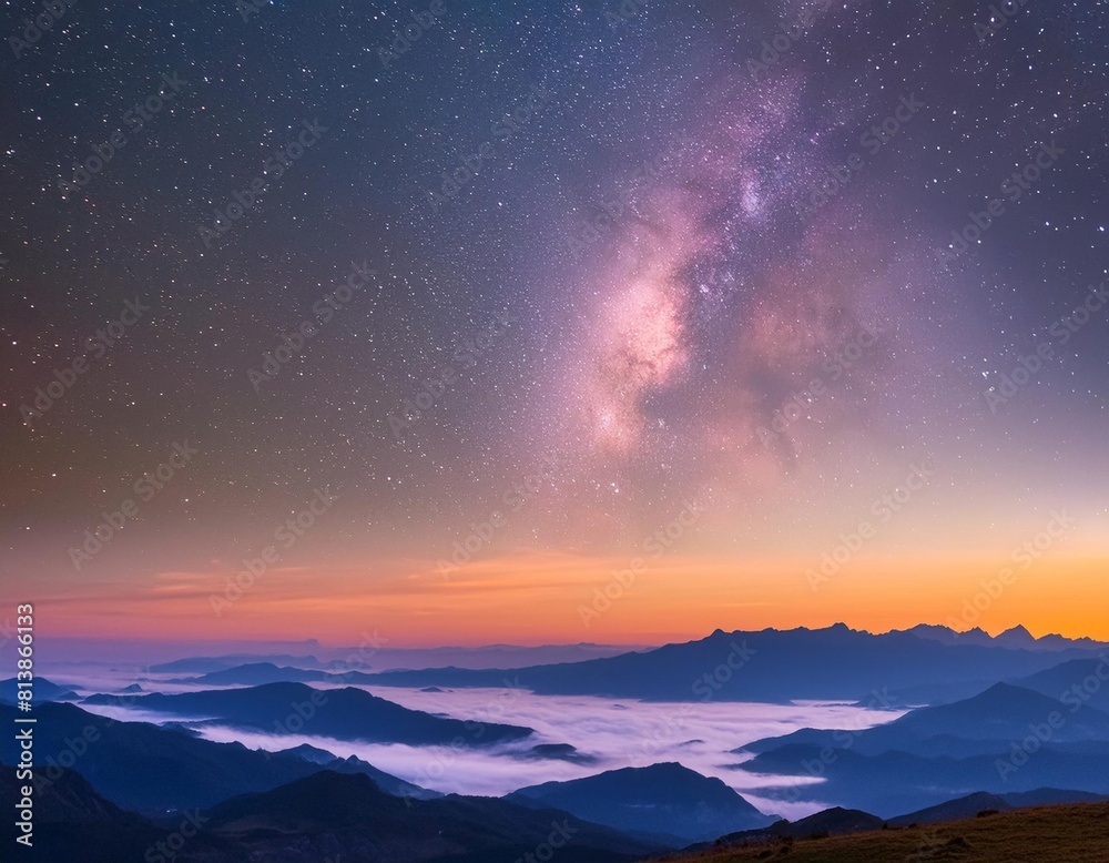 Starry sky over mountains and a valley with low clouds