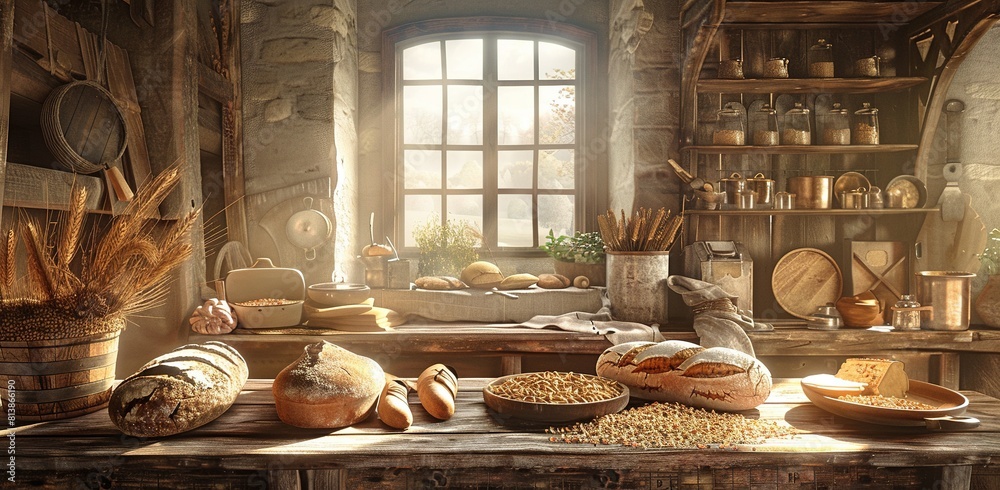 A rustic medieval kitchen scene with freshly baked bread and vegetables, illuminated by the soft glow of an open window.
