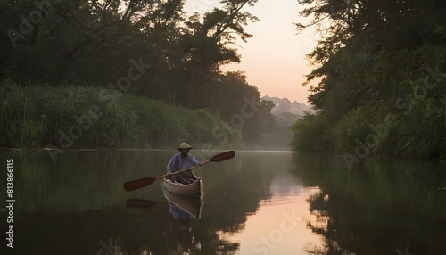 A wooden canoe gliding silently down a serene rive