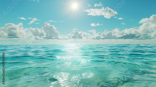 Crystal clear turquoise sea blending with a bright blue sky