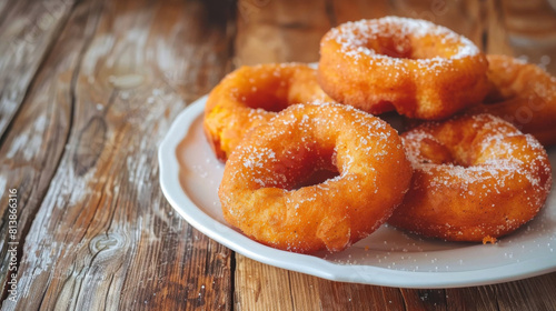 Freshly made peruvian picarones with a sprinkle of sugar  showcased on a rustic wooden table  embodying the flavors of peru