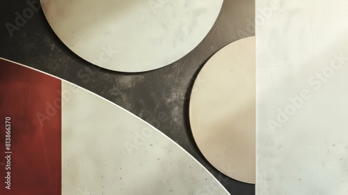 minimalist art piece with a large white circle, a smaller white circle, and a half-circle in the foreground. The background is a dark grey concrete wall.