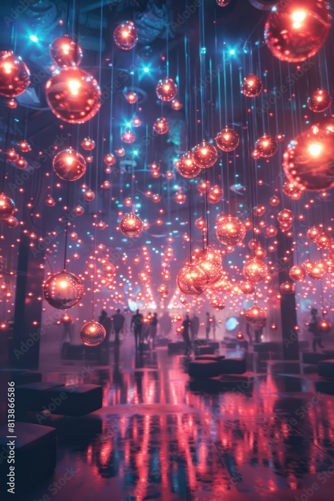 Surreal room with people and hanging illuminated orbs casting a pink and blue glow, creating a dreamy atmosphere. Surreal room with people and hanging illuminated orbs casting a pink and blue glow, creating a dreamy atmosphere.