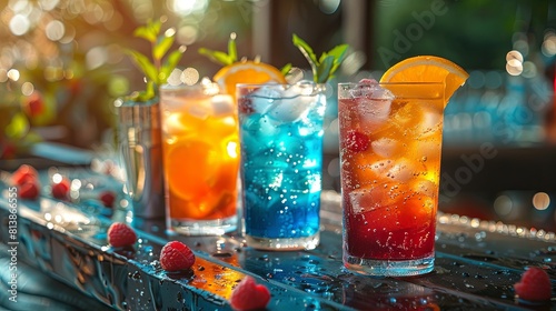 Refreshing summer cocktails with orange, raspberry and mint