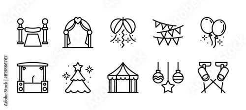 Event decoration thin line icon set. Containing festive flag garland, confetti, stage, balloons, spotlight, tent, grand opening ceremony ribbon, tree and ball or baubles of christmas. Vector 