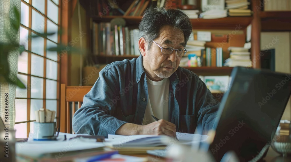 Japanese man calculating financial bills at home 
