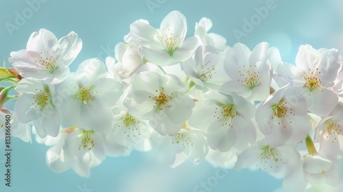 A close-up of cherry blossoms against a blue sky, their ethereal beauty capturing the essence of fleeting moments and nature's artistry.
