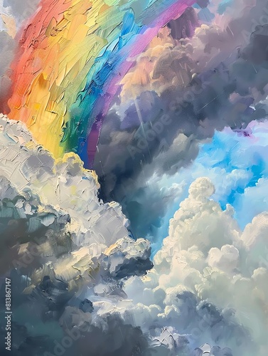 Imagine a close-up oil painting of a rainbow gracefully arcing over stormy gray clouds © T