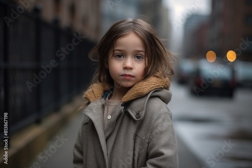 A young girl wearing a brown coat stands on a sidewalk © MediaRaw