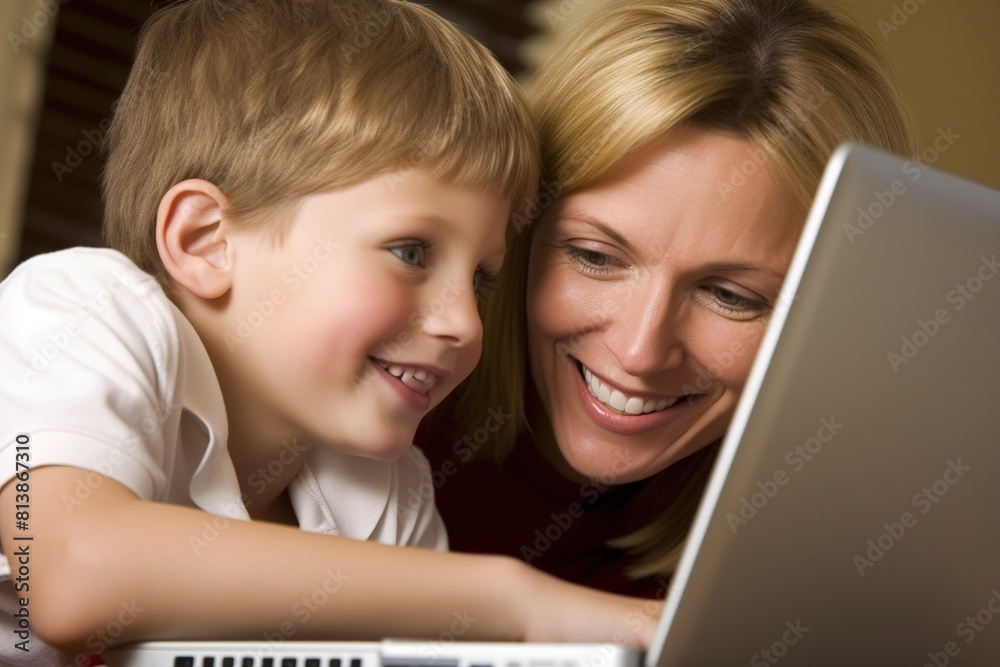 A young boy and a woman are looking at a laptop together