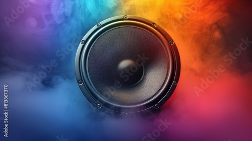 Speaker with vibrant sound responsive multicolored lights on it  set against a blue background