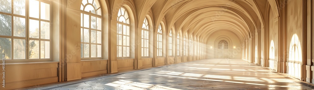 Long empty hallway with arched windows and marble floor