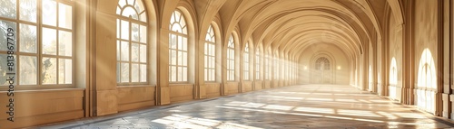 Long empty hallway with arched windows and marble floor