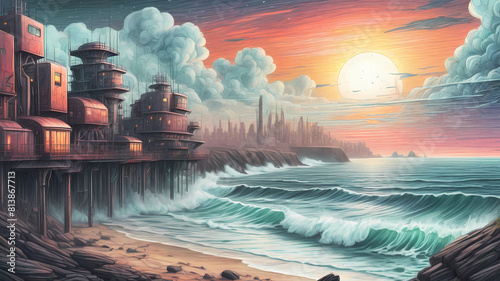 Create a vector pencil sketch of the futuristic and dystopian coastal seascape using colored pencils, inspired by impressionism. photo