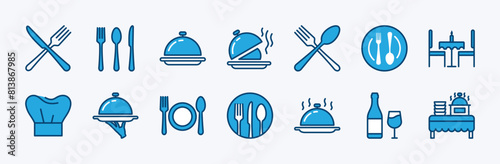 Set of catering icon. Containing fork, spoon, knife, plate, cloche, tray, chef hat, beverage, food, dining table, and waiter. Cutlery or tableware in restaurant. Vector illustration