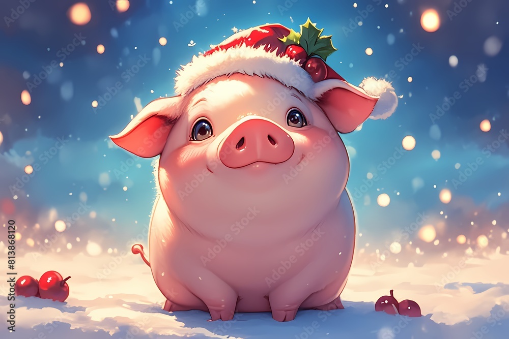 a pig is wearing a christmas hat at night