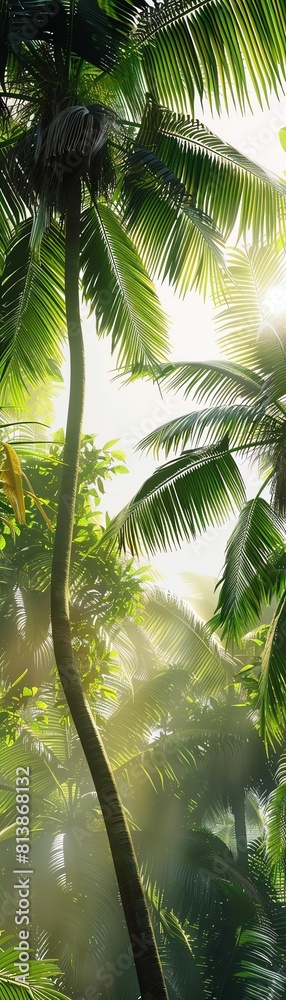Obraz premium Bring to life a tropical paradise with a tilted angle view of a coconut tree swaying gently in the breeze