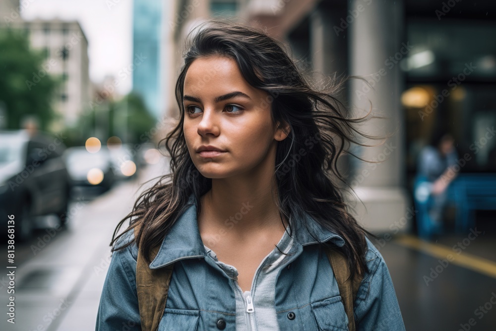 Fototapeta premium A woman with long hair is walking down a city street