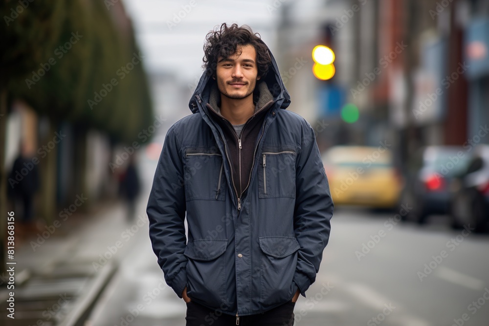 A man in a blue jacket stands on a wet street A man in a blue jacket stands on a wet street