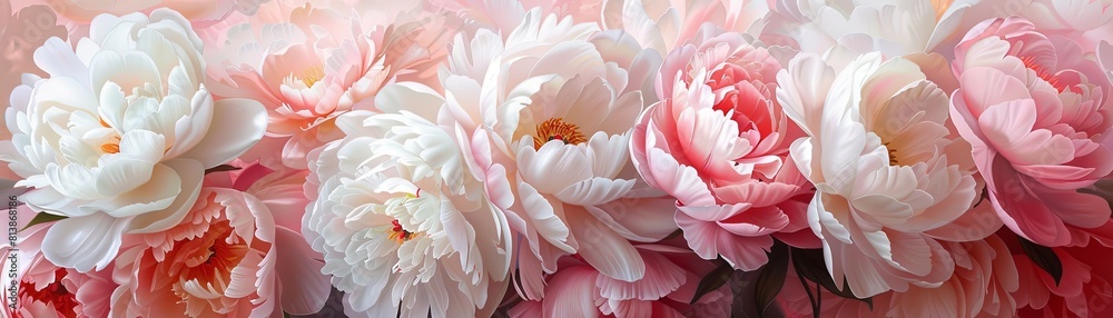 Light pink and white peony flowers in full bloom. Light pink and white peony flowers in full bloom.