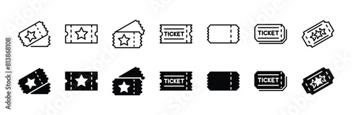Ticket thin line icon set. Containing raffle, cinema, coupon, vouchers, token, discount, vacation, shopping. Ticket of event, movie, theatre, entry, travel, show, concert, and tournament. Vector