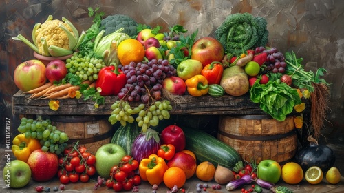 A colorful assortment of fresh fruits and vegetables artfully arranged on a rustic wooden table  a vibrant celebration of nature s bounty.